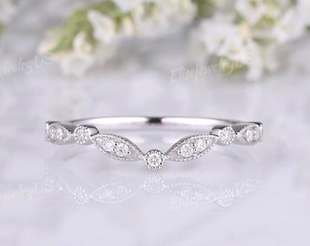 Vintage Diamond Wedding Band White Gold Stacking Matching Ring Curved Wedding Band Minimalist Milgrain Band Antique Marquise Shaped Ring