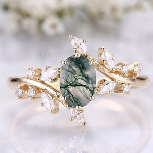 Oval Moosachat Verlobungsring Fee Verlobungsring Gold Natur inspiriert Hochzeit Ring Versprechen Ring Jahrestag Geschenk