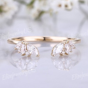 Unique Moissanite Open Wedding Band Marquise Moissanite Band Yellow Gold Ring Diamond Stacking Matching Ring Promise Ring Gift for Women