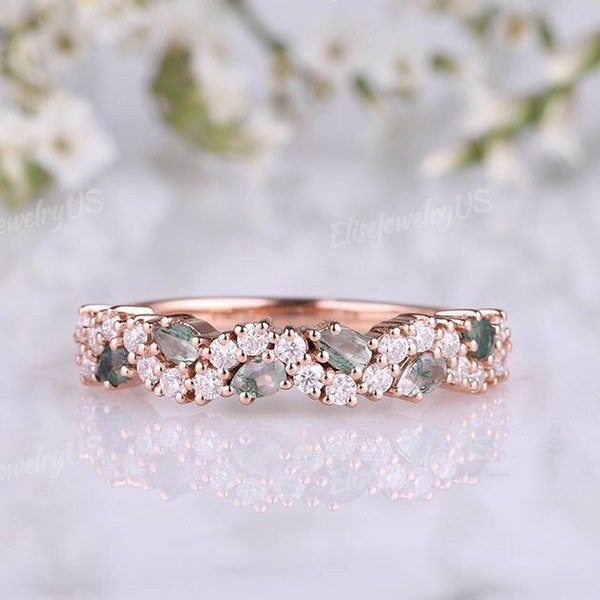 Unique pear cut moss agate wedding band women moissanite engagement ring rose gold stackable ring natural inspired ring personalized Gift