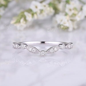 Vintage Diamond Wedding Band White Gold Stacking Matching Ring Curved Wedding Band Minimalist Milgrain Band Antique Marquise Shaped Ring