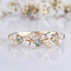 Leaf moss agate wedding band gold wedding band unique green agate ring nature inspired leaf floral ring cluster moissanite ring for women