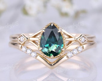 Pear Teal Sapphire Engagement Ring Set Vintage Gold Rings Unique Blue Green Sapphire Wedding Ring Set 2pcs Dainty Anniversary Gift for Her