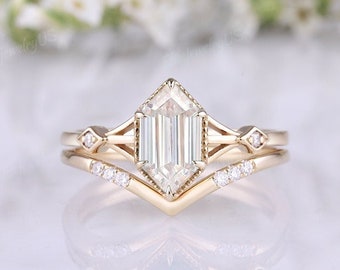 Vintage Long Hexagon Cut Moissanite Engagement Ring Set Unique Gold Ring Moissanite Wedding Rings Women Wedding Bridal Set Anniversary Gift