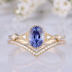 Oval sapphire engagement ring set yellow gold dainty cornflower blue sapphire wedding ring art deco diamond wedding anniversary ring women