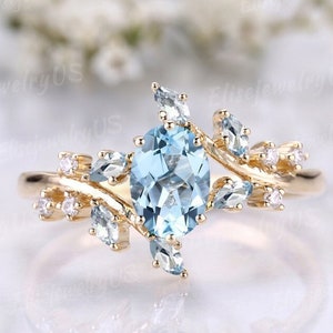 Unique Aquamarine Engagement Ring Women Nature Inspired Gold Ring Vintage Branch Floral  Marquise Aquamarine Gemstone Ring Leaf Bridal Gift