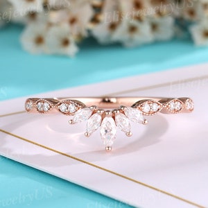 Vintage Diamond wedding band Rose gold Marquise cut Moissanite matching band Stacking band Curved wedding band Unique anniversary ring women