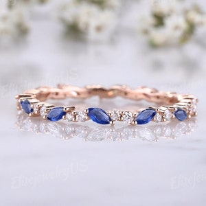 Marquise cut Sapphire wedding band Rose gold wedding band women vintage Diamond stacking matching ring Unique Full eternity Bridal ring