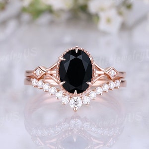 Oval cut black onyx engagement ring set unique wedding rings rose gold wedding ring set black gem ring moissanite diamond bridal set for her