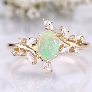 Vintage Oval Cut Opal Engagement Ring Art Deco Branch Vine Ring 14k Rose Gold Leaf Shape Wedding Ring Promise Ring Anniversary Gift For Her