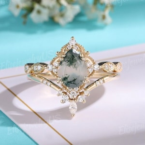 Vintage moss agate Engagement Ring Set pear shaped Diamond cluster wedding rings woman Marquise cut yellow gold ring 2pcs Promise ring