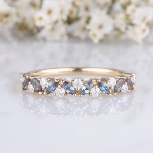 Unique Marquise Alexandrite Wedding Band Rose Gold Band Moissanite Half Eternity Stacking Band Vintage Promise Anniversary Bridal For Her