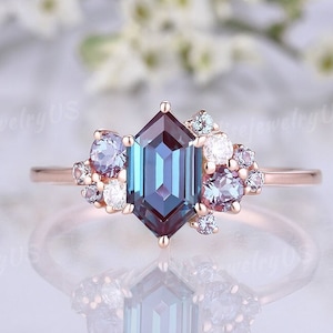 Unique Long hexagon cut alexandrite engagement ring rose gold alexandrite cluster wedding ring diamond anniversary ring handmade jewelry