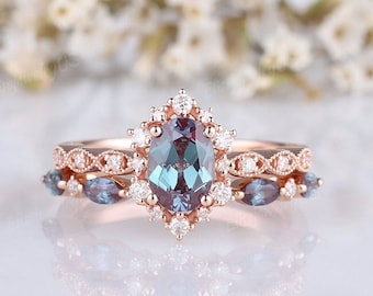 Dainty oval cut alexandrite engagement ring set rose gold straight moissanite wedding band alexandrite bridal set purple gemstone ring set