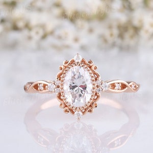 Vintage Oval Shaped Moissanite Engagement Ring 14K Rose Gold Wedding Ring Unique Milgrain Moissanite Bridal Ring Promise Anniversary Gift