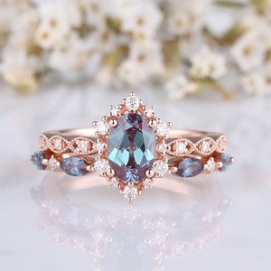 Dainty oval cut alexandrite engagement ring set rose gold straight moissanite wedding band alexandrite bridal set purple gemstone ring set