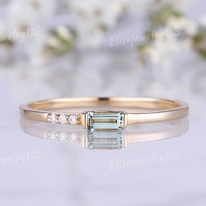 Dainty Aquamarine Wedding Band Baguette Cut 14k Gold Unique Wedding Ring Minimalist Gemstone Nature Inspired Jewelry Stacking Diamond Ring