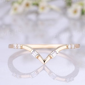 V shaped wedding band 14k solid gold ring diamond promise ring matching curved band vintage handmade gift for women
