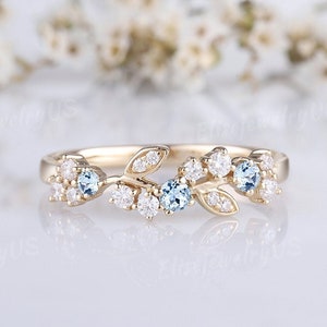 Leaf aquamarine wedding band gold wedding band unique diamond cluster ring nature inspired gemstone floral ring moissanite ring for women