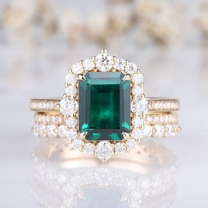 Smaragd Schnitt Smaragd Verlobungsring Set Frauen Rose Gold Einzigartige Hochzeit Ring Set Moissanite Halo Ring Antike 3 Stück Ring Set Grüner Edelstein