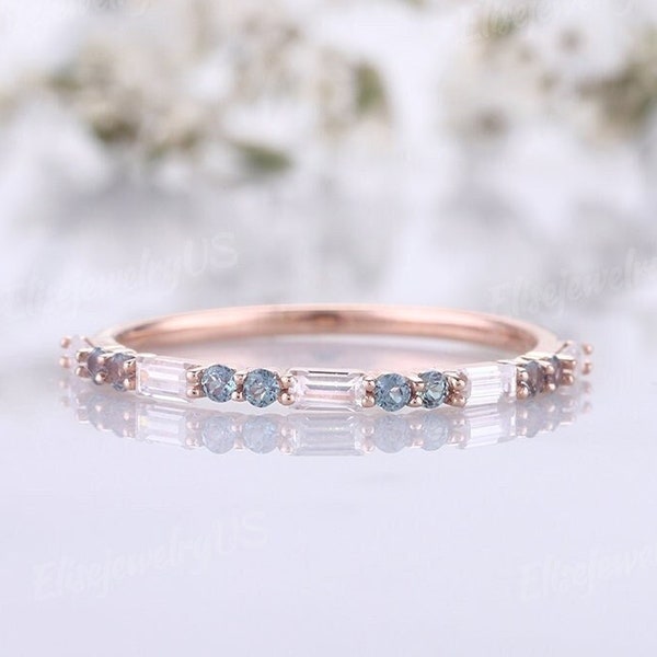 Unique Baguette Cut Moissanite Wedding Band Dainty Half Eternity Ring Art Deco Rose Gold Alexandrite Wedding Band Promise Gift For Her