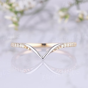 Vintage Two Tones Wedding Band Gold Ring Moissanite Wedding Band Diamond Wedding Band Unique Curved Stacking Matching Band V shaped Band