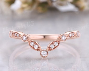 Moissanite Wedding Band V Shaped Stacking Matching Ring Chevron Ring Unique Half  Eternity Curved band Rose Gold Band Women Promise Ring