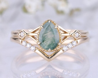 Pear Moss Agate Engagement Ring Set Vintage Green Gemstone Engagement Ring Women Gold Unique Wedding Ring Set Natural Moss Agate Rings Women