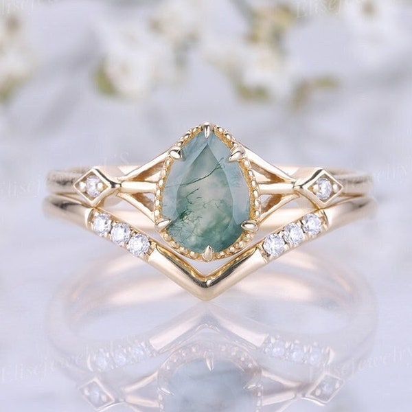 Pear Moss Agate Engagement Ring Set Vintage Green Gemstone Ring Women Gold Unique Wedding Ring Set Natural Moss Agate Rings For Women