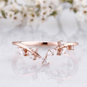 Unique Marquise Cut Moissanite Wedding Band Art Deco Moissanite Ring Dainty Moissanite Cluster Stacking Ring Rose Gold Branch Floral Ring