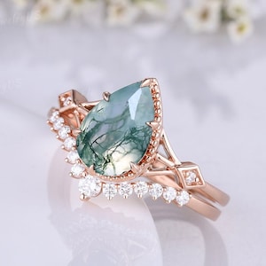 Pear cut moss agate engagement ring set vintage wedding ring set rose gold bridal set moissanite engagement ring set diamond cluster rings