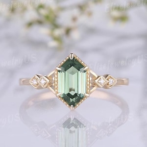 Green Sapphire Engagement Ring Women Diamond Wedding Ring Solid Gold Long Hexagon Cut Teal Sapphire Ring Promise Ring Anniversary Gift