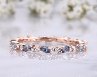 Rose gold wedding band women Marquise cut Alexandrite wedding band vintage Diamond stacking ring Unique Full eternity Wedding Bridal ring