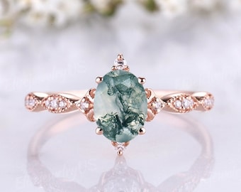 Vintage Moss Agate Engagement Ring Women Rose Gold Ring Moissanite Cluster Dainty Milgrain Oval Green Agate Wedding Promise Ring Unique Gift