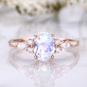Vintage Oval Cut Moonstone Engagement Ring Dainty Rainbow Moonstone Rose Gold Wedding Ring Unique Moissanite Cluster Bridal Ring for women