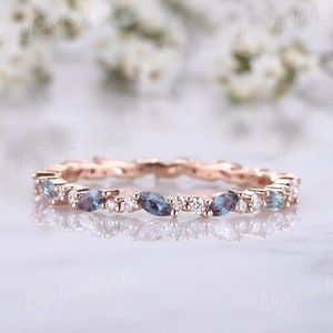 Rose gold wedding band women Marquise cut Alexandrite wedding band vintage Diamond stacking ring Unique Full eternity Wedding Bridal ring