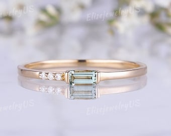 Dainty Aquamarine Wedding Band Baguette Cut 14k Gold Unique Wedding Ring Minimalist Gemstone Nature Inspired Jewelry Stacking Diamond Ring