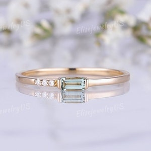 Dainty Aquamarine Wedding Band Baguette Cut 14k Gold Unique Wedding Ring Minimalist Gemstone Nature Inspired Jewelry Stacking Diamond Ring