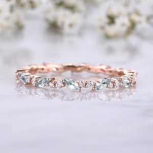 Unique Aquamarine wedding band rose gold women Marquise cut wedding band Diamond stacking matching ring Full eternity Gemstone ring