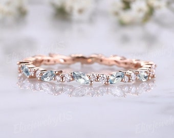Unique Aquamarine wedding band rose gold women Marquise cut wedding band Diamond stacking matching ring Full eternity Gemstone ring
