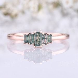 Einzigartige Baguette Cut Moosachat Ehering Art Deco Rose Gold Vintage Ehering Natur Grüner Edelstein Benutzerdefinierte Versprechen Ring für Sie