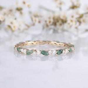 Marquise cut Moss Agate wedding band yellow gold wedding band women vintage Diamond stacking matching ring Unique Full eternity Bridal ring
