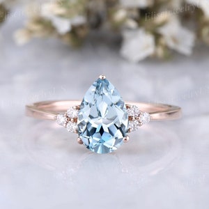 Pear Aquamarine engagement ring vintage wedding ring women engagement ring solid rose gold diamond cluster ring minimalist anniversary gift