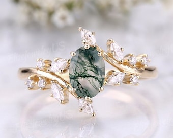 Branch Oval Moss Agate Engagement Ring Gold Ring Unique Promise Wedding Ring Green Gemstone Ring Nature Inspired Leaves Anniversary Gift