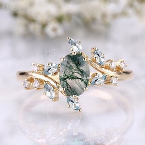 Oval Moss Agate Engagement Ring Women Nature Inspired Gold Ring Branch Marquise Aquamarine Gemstone Ring  Mothers Solitaire Gift Ring