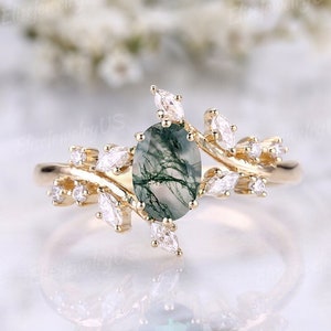 Branch Oval Moss Agate Engagement Ring Gold Ring Unique Promise Wedding Ring Green Gemstone Ring Nature Inspired Leaves Anniversary Gift