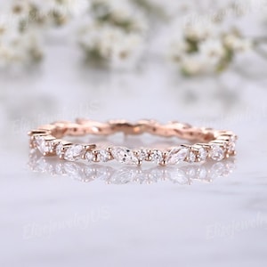 Rose gold wedding band women Marquise cut Moissanite wedding band vintage Diamond stacking ring Unique Full eternity promise Bridal gift