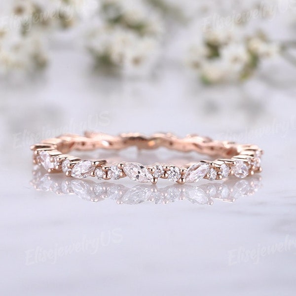 Rose gold wedding band women Marquise cut Moissanite wedding band vintage Diamond stacking ring Unique Full eternity promise Bridal gift