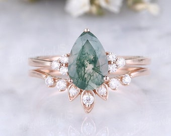 Vintage Pear Shaped Moss Agate Engagement Ring Set Moissanite Cluster Ring 14k Rose Gold Set Marquise Moissanite Ring Curved Band 2pcs