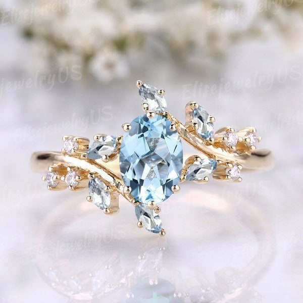 Unique Aquamarine Engagement Ring Women Nature Inspired Gold Ring Vintage Branch Floral  Marquise Aquamarine Gemstone Ring Leaf Bridal Gift